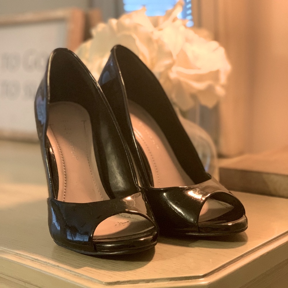 BCBG black open peep toe heels